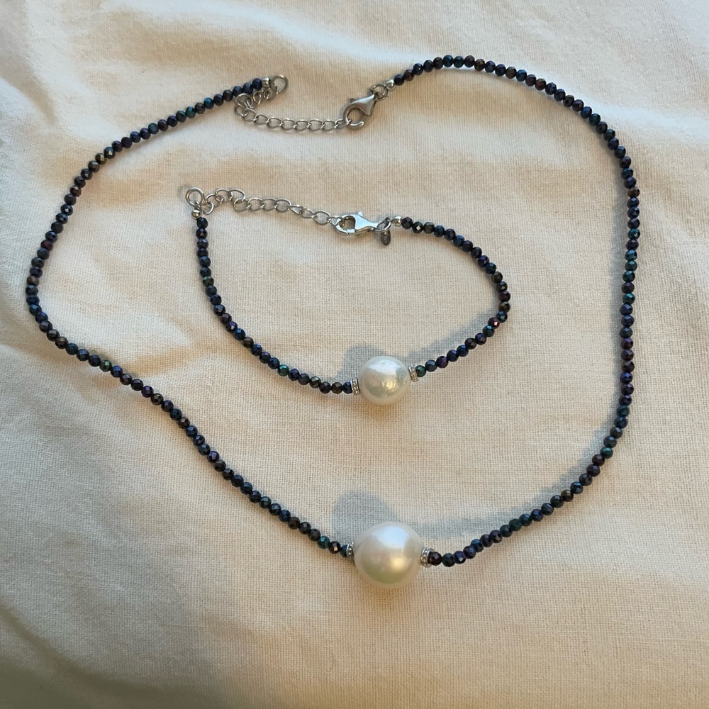 2PC SET PEARL 🌊TOURMALINE STERLING SILVER STAMPED NECKLACE BRACELET NWOT🤯